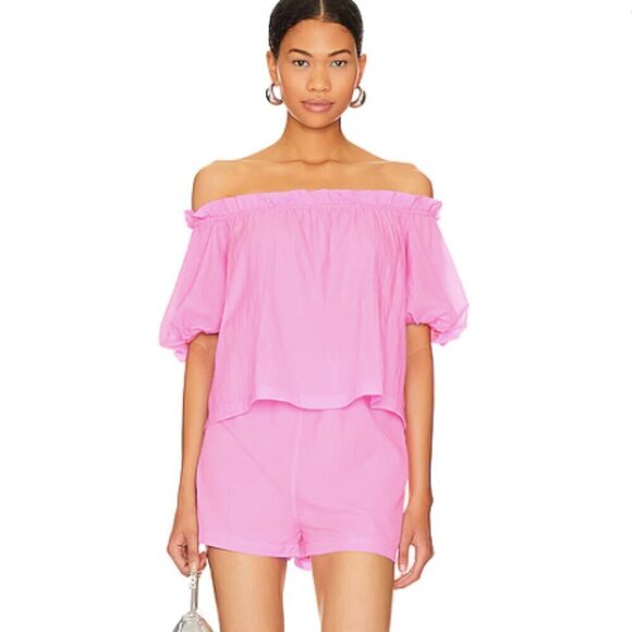 Amanda Uprichard Bree Off The Shoulder Romper in Shocking Pink sz M - Picture 1 of 5